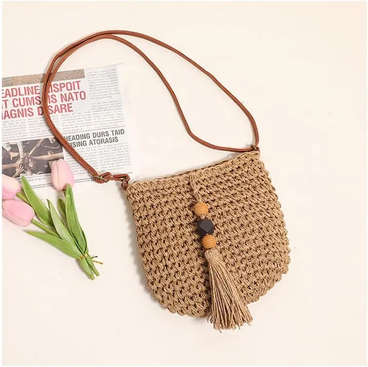 Woven Bag for Women Summer Beach Travel Handbag and Purse Retro Handmade Shoulder Bag Crossbody Bag Brown