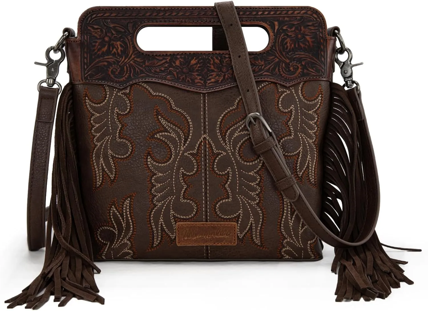 Wrangler Top Handle Handbags Western Fringe Crossbody Bag for Women Embroidered Boot Scroll Ladies Handbag