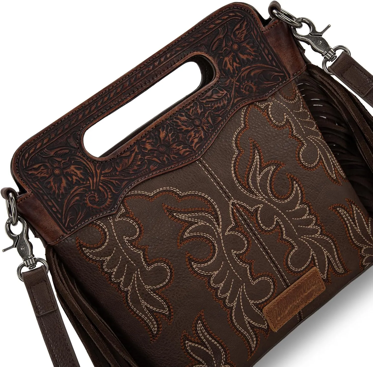 Wrangler Top Handle Handbags Western Fringe Crossbody Bag for Women Embroidered Boot Scroll Ladies Handbag