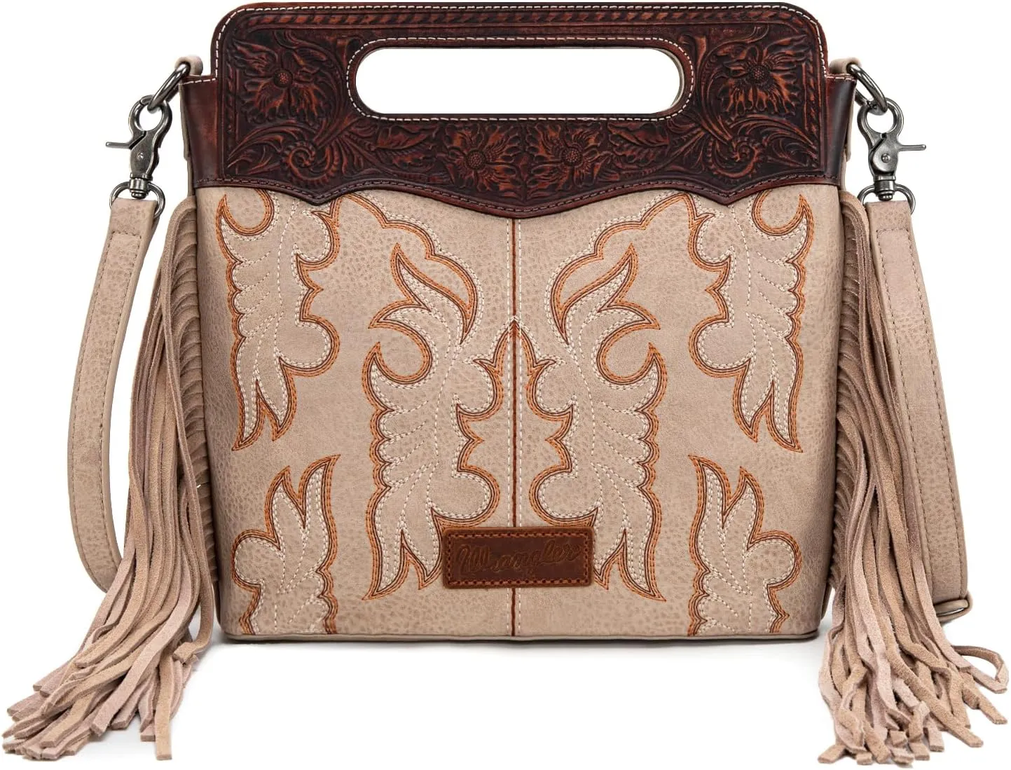 Wrangler Top Handle Handbags Western Fringe Crossbody Bag for Women Embroidered Boot Scroll Ladies Handbag
