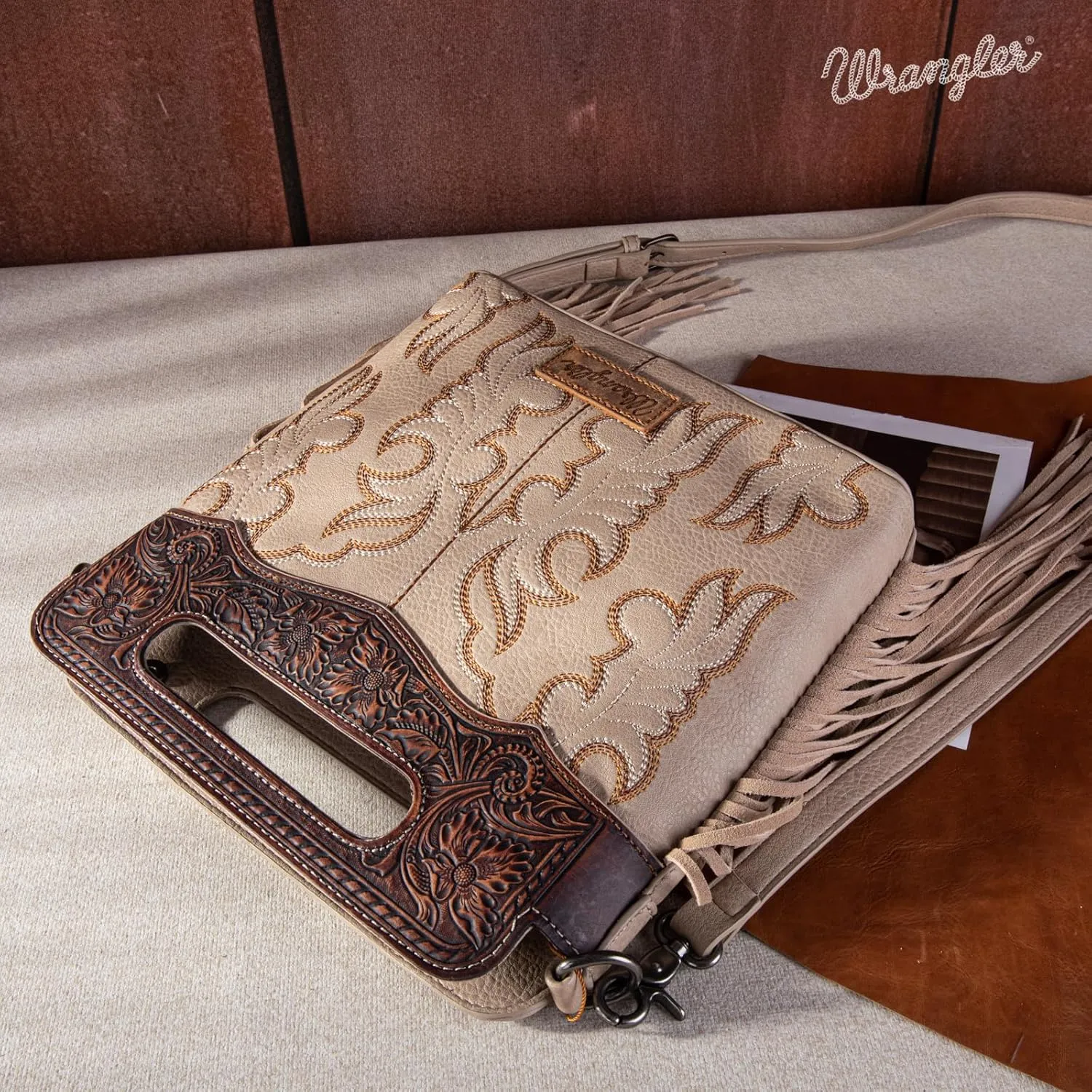 Wrangler Top Handle Handbags Western Fringe Crossbody Bag for Women Embroidered Boot Scroll Ladies Handbag