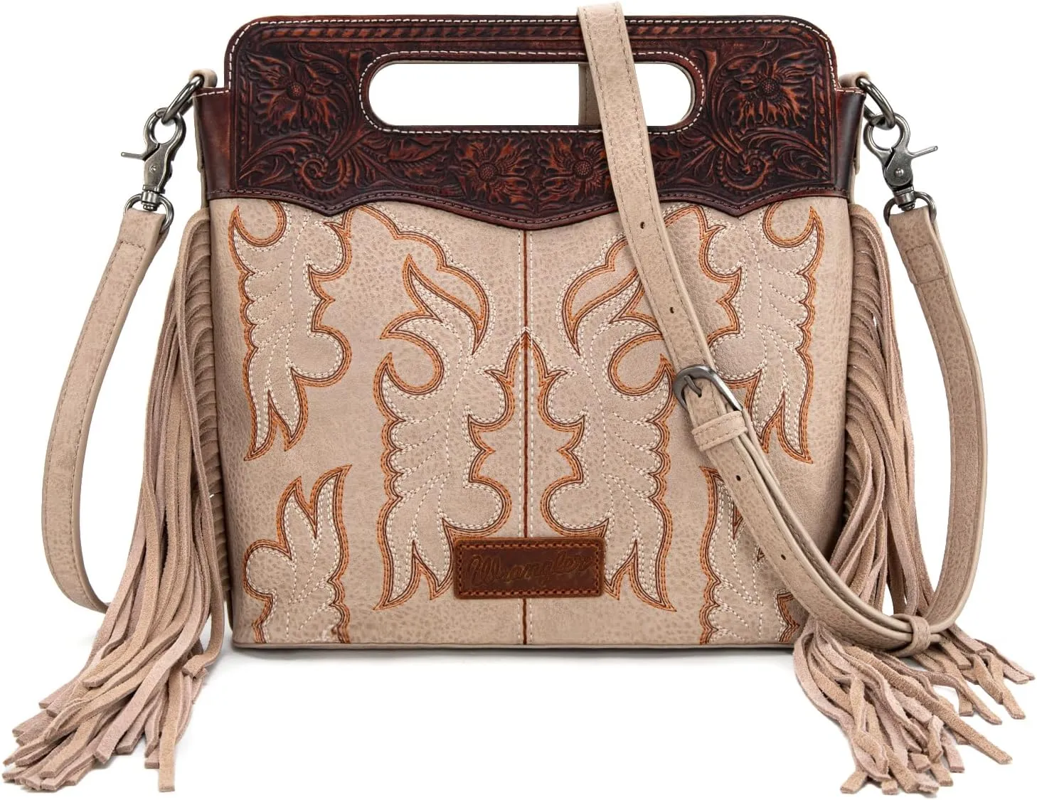 Wrangler Top Handle Handbags Western Fringe Crossbody Bag for Women Embroidered Boot Scroll Ladies Handbag