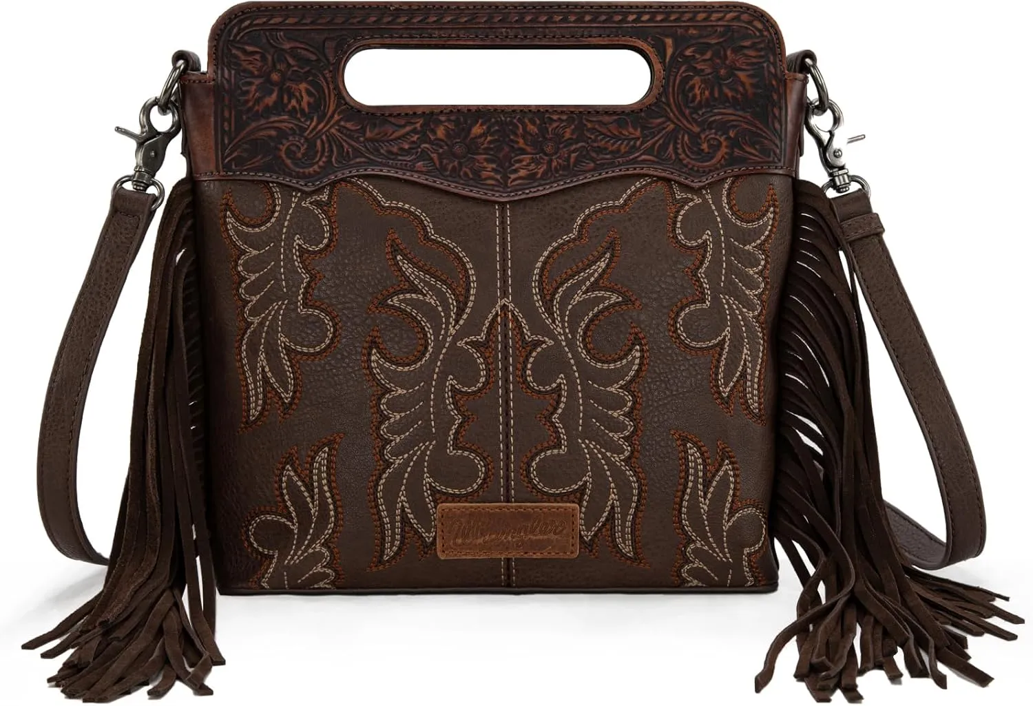 Wrangler Top Handle Handbags Western Fringe Crossbody Bag for Women Embroidered Boot Scroll Ladies Handbag