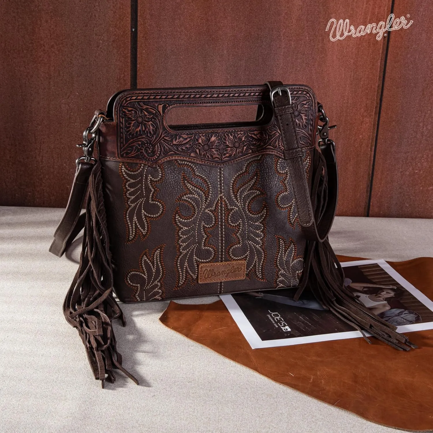 Wrangler Top Handle Handbags Western Fringe Crossbody Bag for Women Embroidered Boot Scroll Ladies Handbag