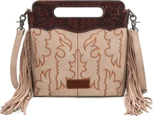 Wrangler Top Handle Handbags Western Fringe Crossbody Bag for Women Embroidered Boot Scroll Ladies Handbag