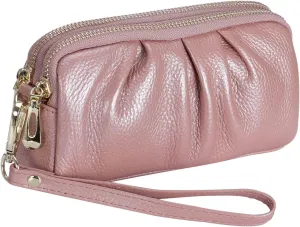Wristlet Wallets for Women Genuine Leather Wristlet Purses Ladies Ruched Wristlet Clutch Wallet Purses