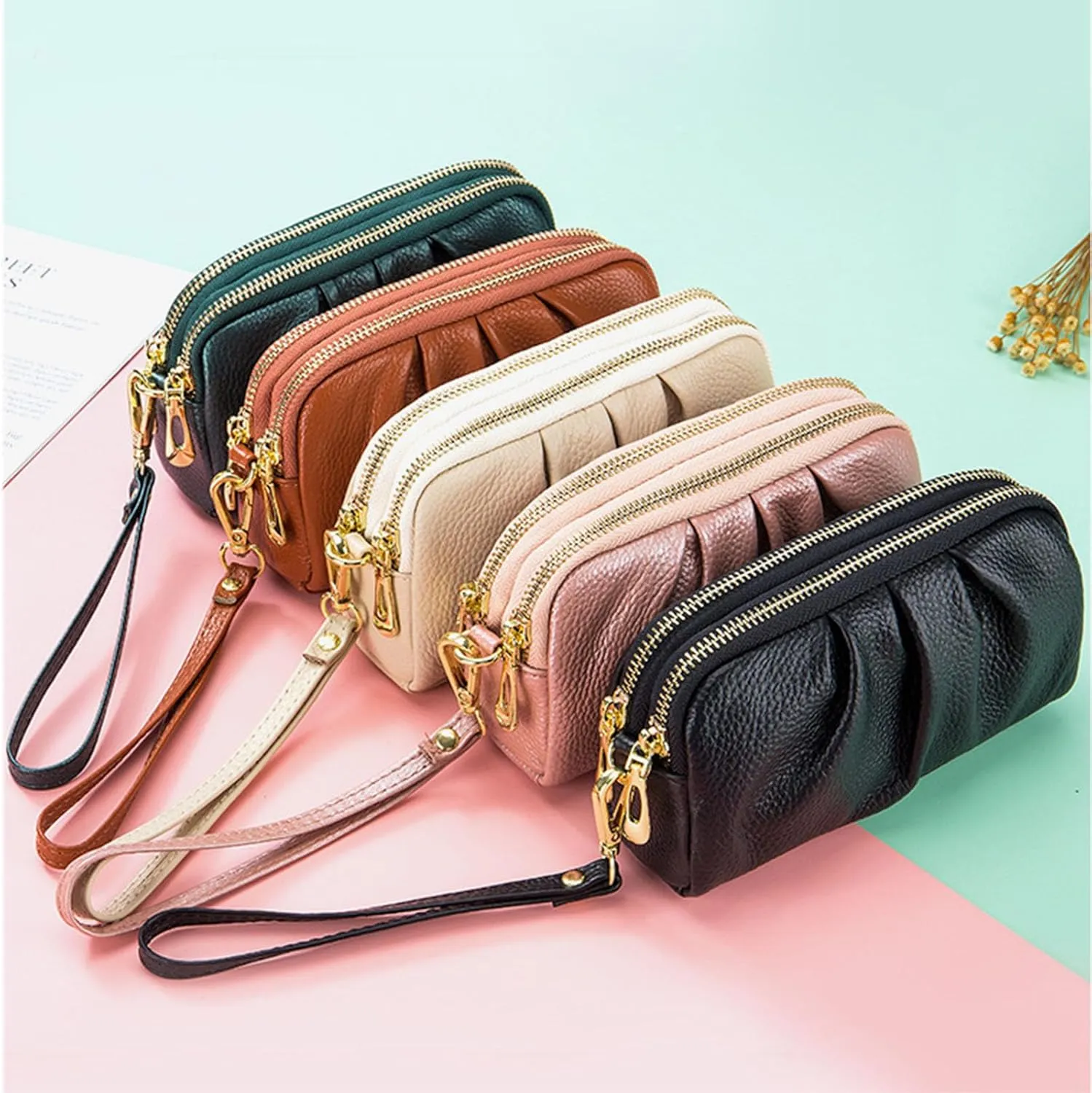 Wristlet Wallets for Women Genuine Leather Wristlet Purses Ladies Ruched Wristlet Clutch Wallet Purses