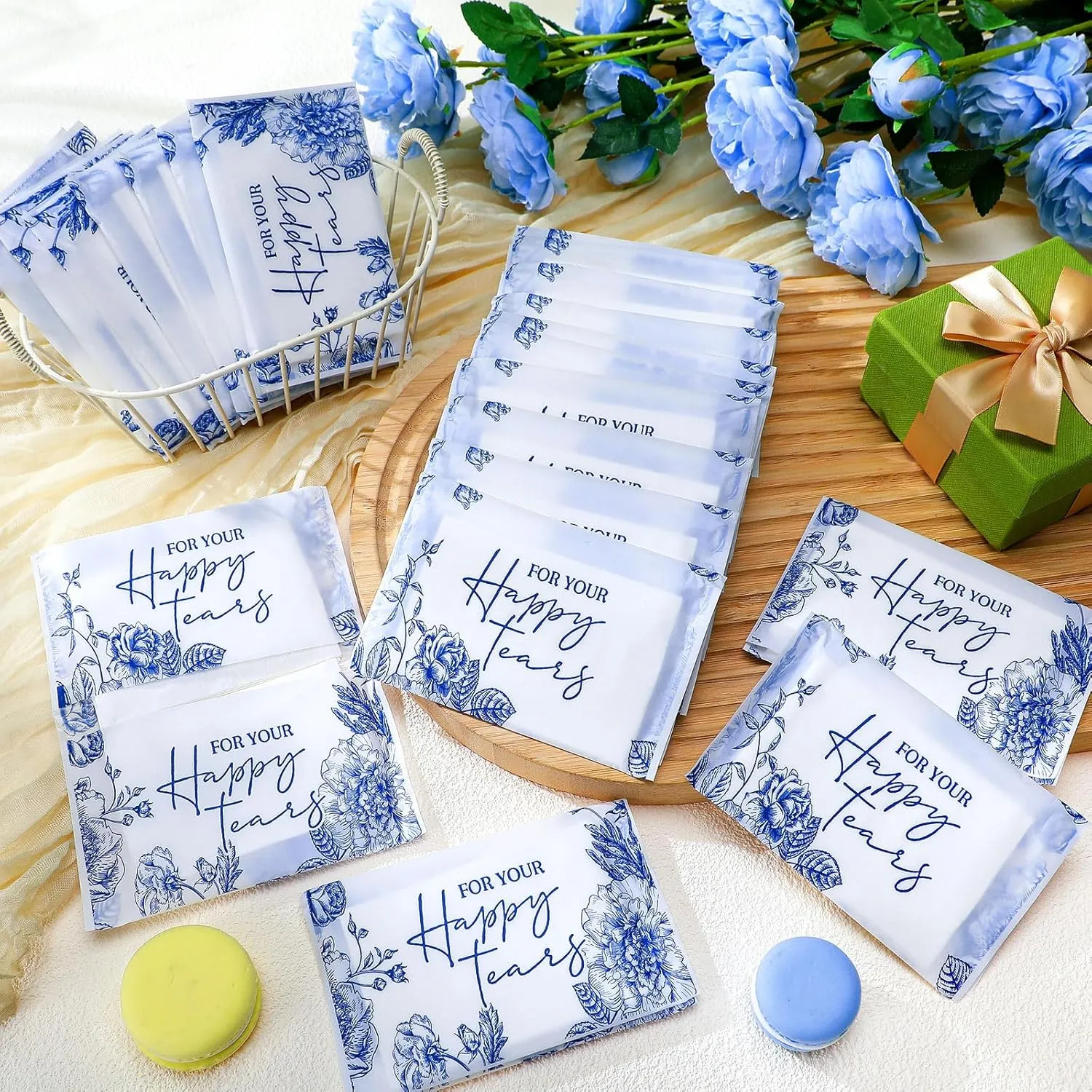 Yinder 60 Bulk Happy Tears Tissue Packs for Wedding 3 Ply Pocket Size Tissues Packs for Guests Facial Individual Wedding Party Favors Travel Graduation Celebration (Blue Flower)