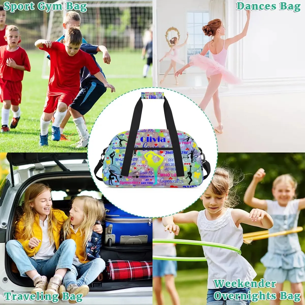Yzrwebo Personalized Gymnastics Bag with Name for Women, Custom Gymnastics Gym Duffel Bag, Customized Sport Bag Travel Weekender Overnight Bags, Colorful Dots