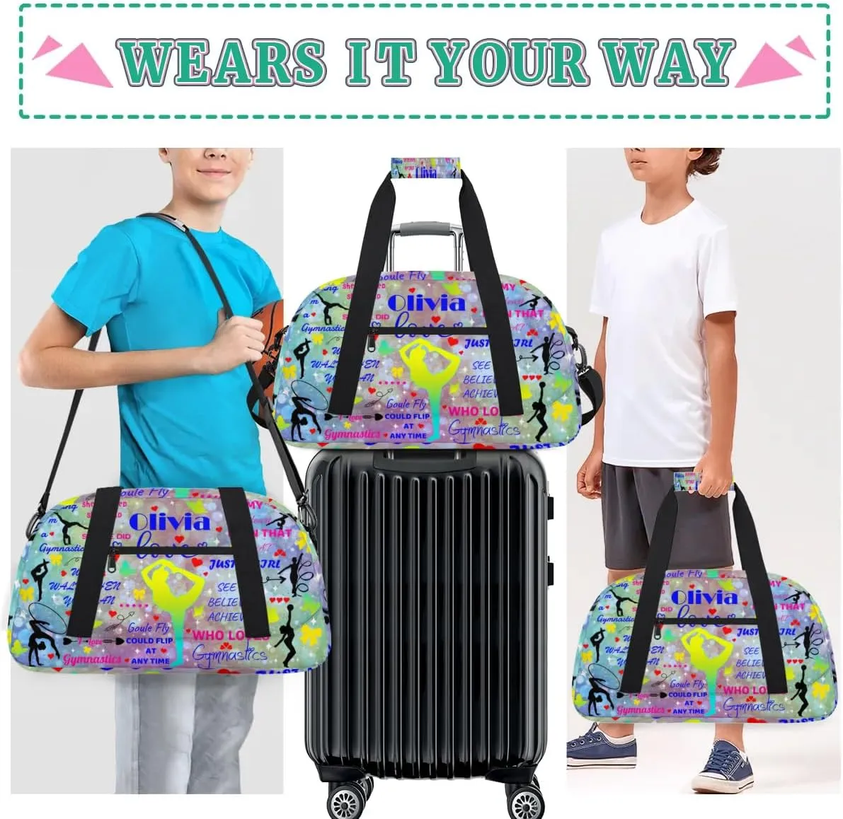 Yzrwebo Personalized Gymnastics Bag with Name for Women, Custom Gymnastics Gym Duffel Bag, Customized Sport Bag Travel Weekender Overnight Bags, Colorful Dots