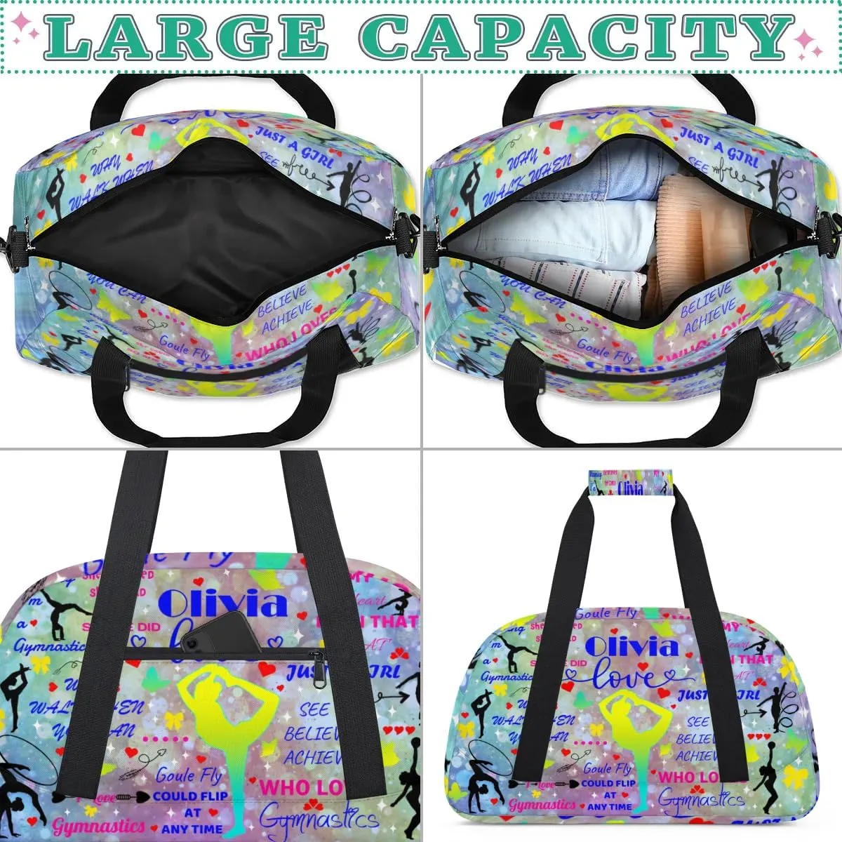 Yzrwebo Personalized Gymnastics Bag with Name for Women, Custom Gymnastics Gym Duffel Bag, Customized Sport Bag Travel Weekender Overnight Bags, Colorful Dots