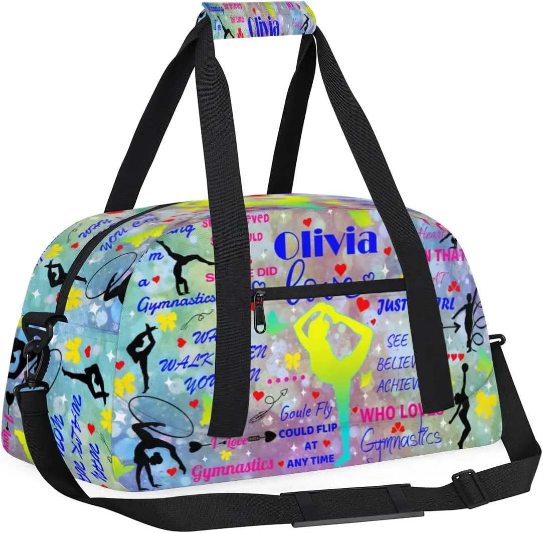 Yzrwebo Personalized Gymnastics Bag with Name for Women, Custom Gymnastics Gym Duffel Bag, Customized Sport Bag Travel Weekender Overnight Bags, Colorful Dots