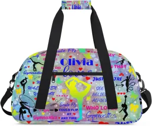 Yzrwebo Personalized Gymnastics Bag with Name for Women, Custom Gymnastics Gym Duffel Bag, Customized Sport Bag Travel Weekender Overnight Bags, Colorful Dots