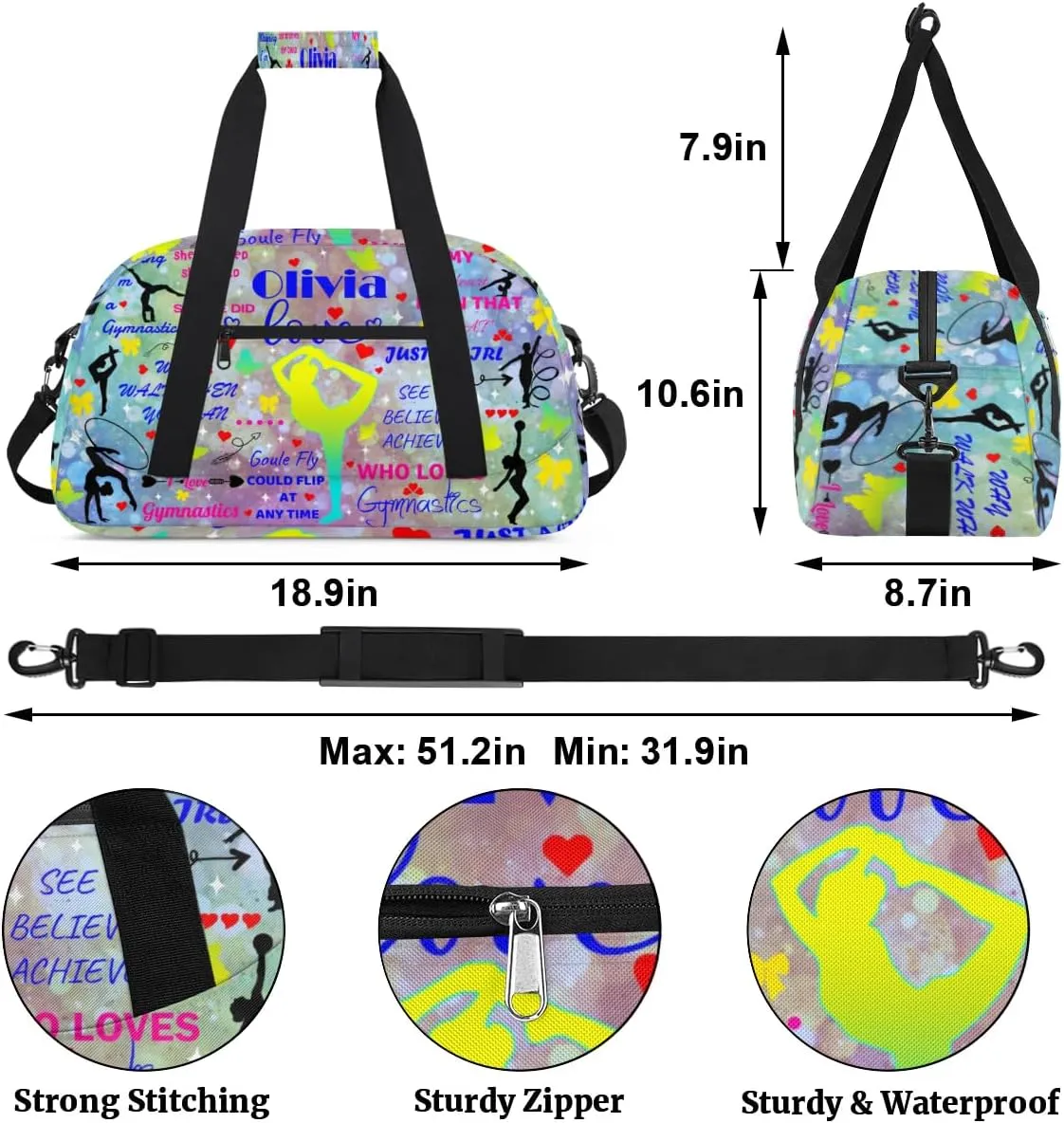 Yzrwebo Personalized Gymnastics Bag with Name for Women, Custom Gymnastics Gym Duffel Bag, Customized Sport Bag Travel Weekender Overnight Bags, Colorful Dots